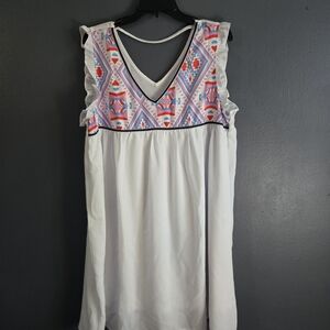 White Ruffled Geometric Print Sleeveless V-neck Babydoll Shift Dress XL